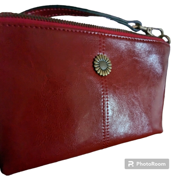 Red Smooth Oil Rich Leather Crossbody Purse Zip Top Multiple Pockets Sunflower - Picture 15 of 16